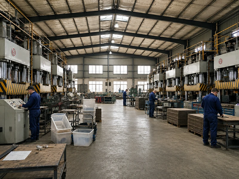 Molded pallet production line with four-column hydraulic presses, control cabinets and safety guards in a pallet plant