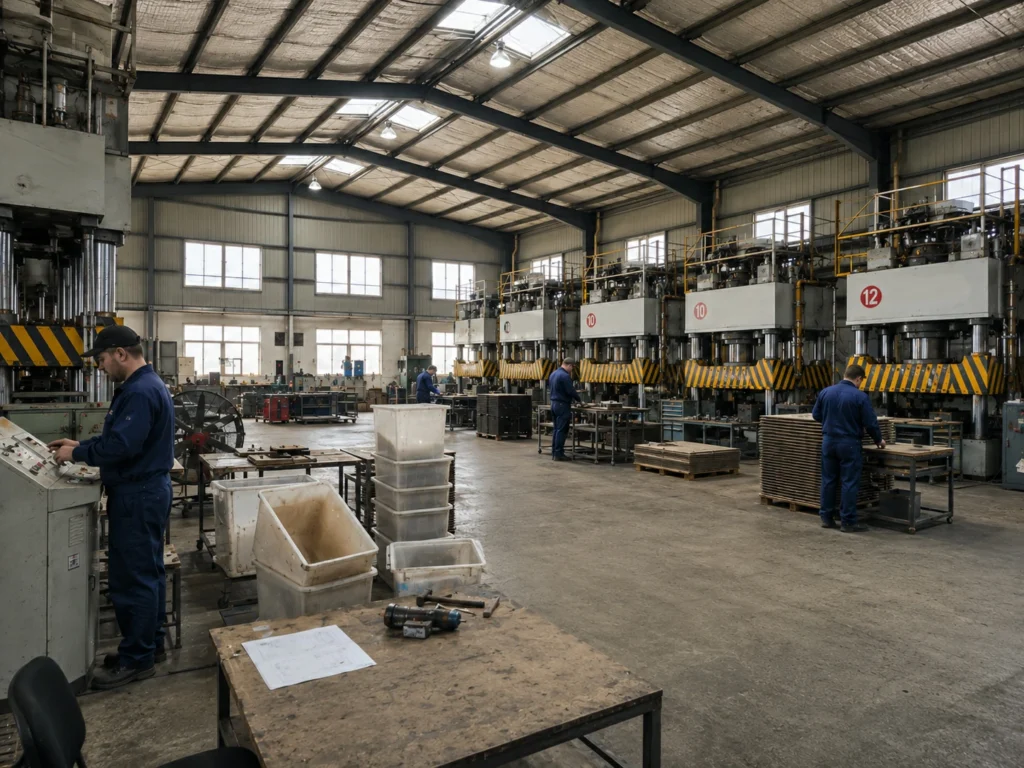 Factory floor with multi-station hydraulic presses, four-column frames, safety guards, and sheet metal handling