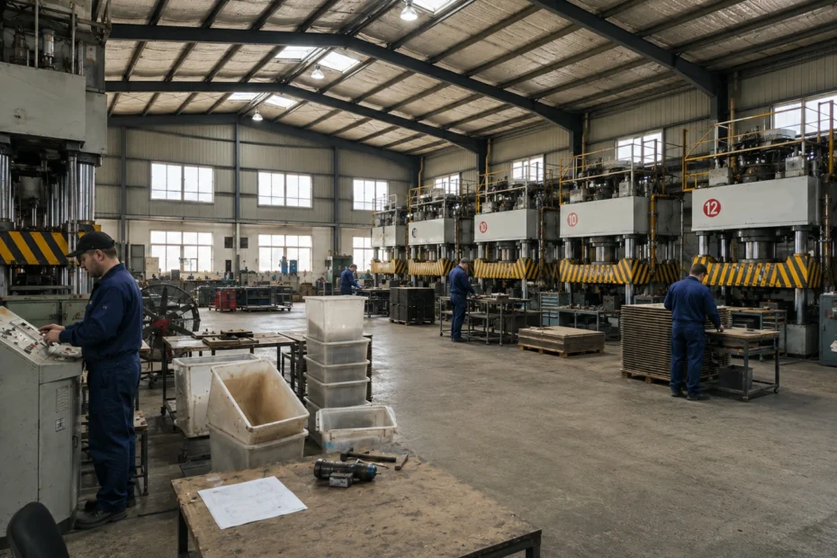 Factory floor with multi-station hydraulic presses, four-column frames, safety guards, and sheet metal handling