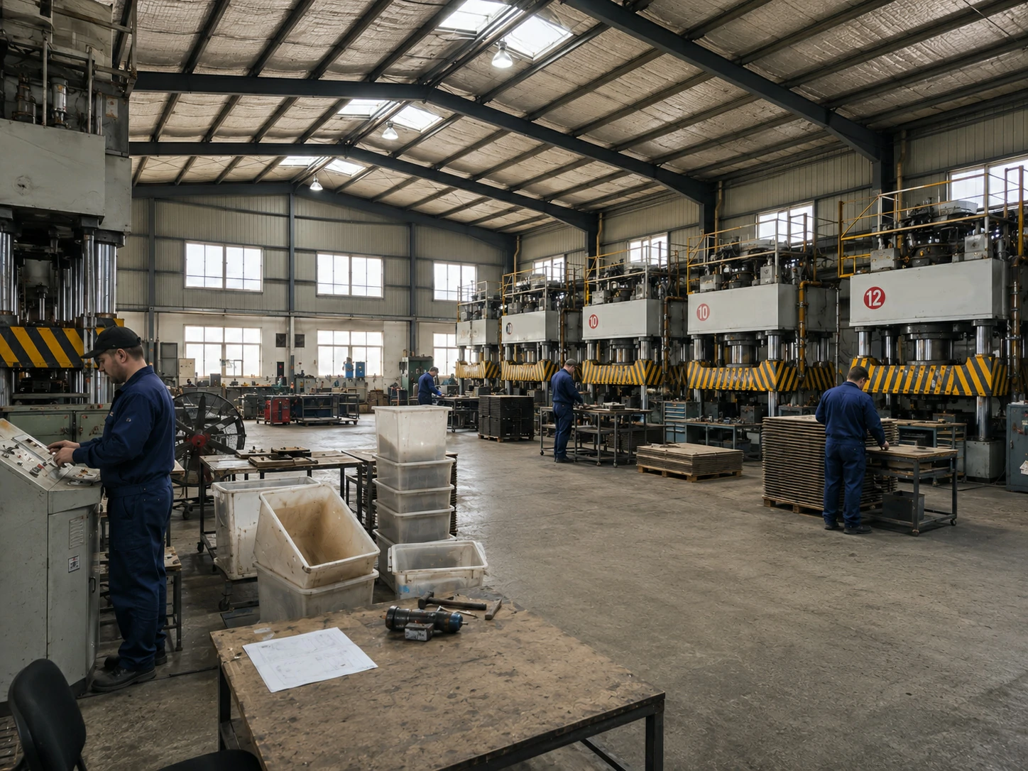 Factory floor with multi-station hydraulic presses, four-column frames, safety guards, and sheet metal handling