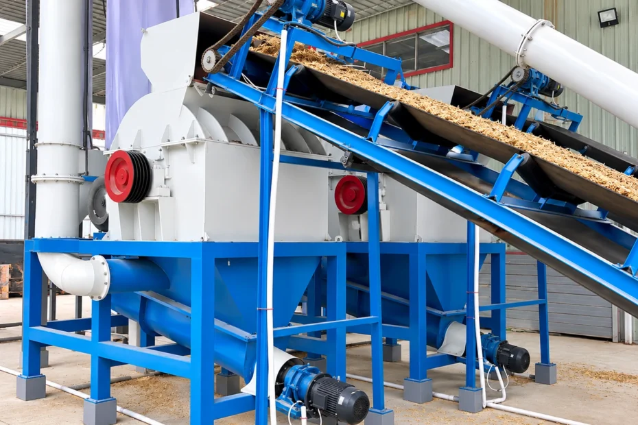 PULVZ wood pulverizer machine with inclined belt conveyor feeding wood chips into crushing chamber on blue steel frame