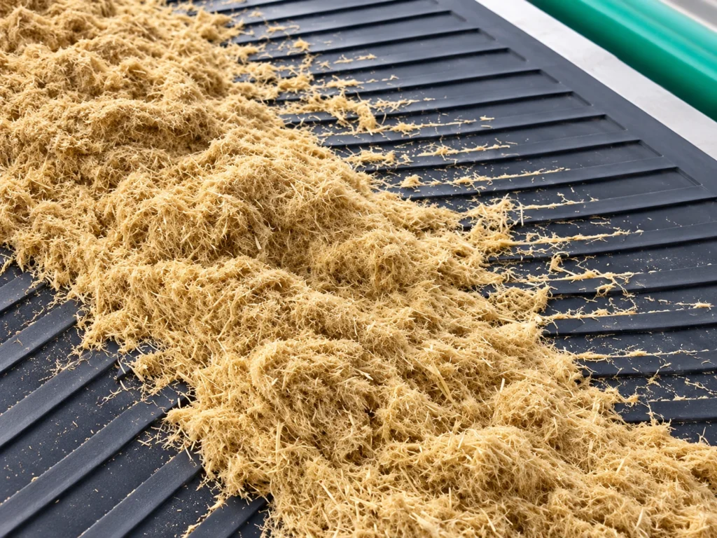 Pulverized wood fibers resting on the slotted discharge screen of a PULVZ wood pulverizer machine