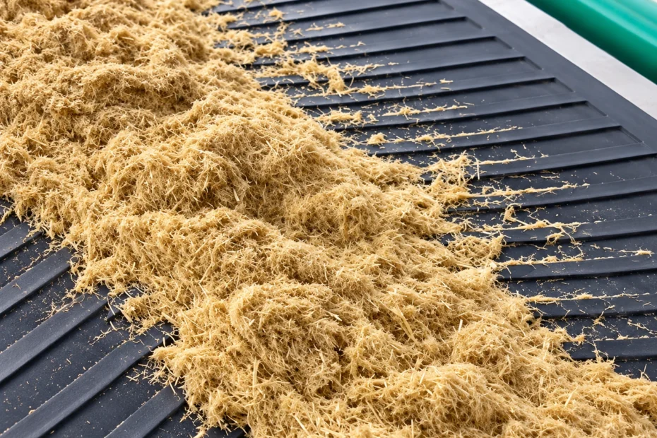 Pulverized wood fibers resting on the slotted discharge screen of a PULVZ wood pulverizer machine