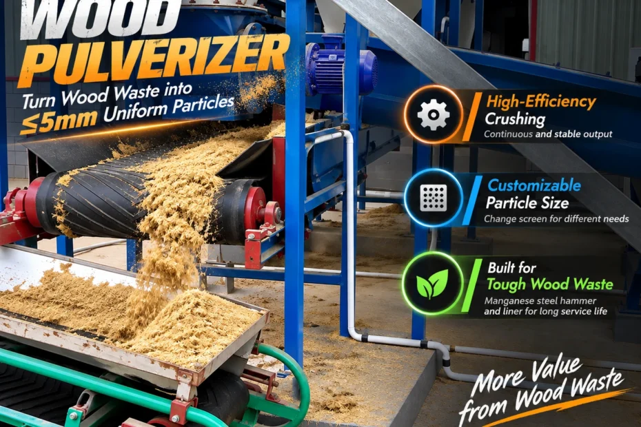 PULVZ wood pulverizer machine turning wood waste into uniform ≤5mm particles for presswood pallet production
