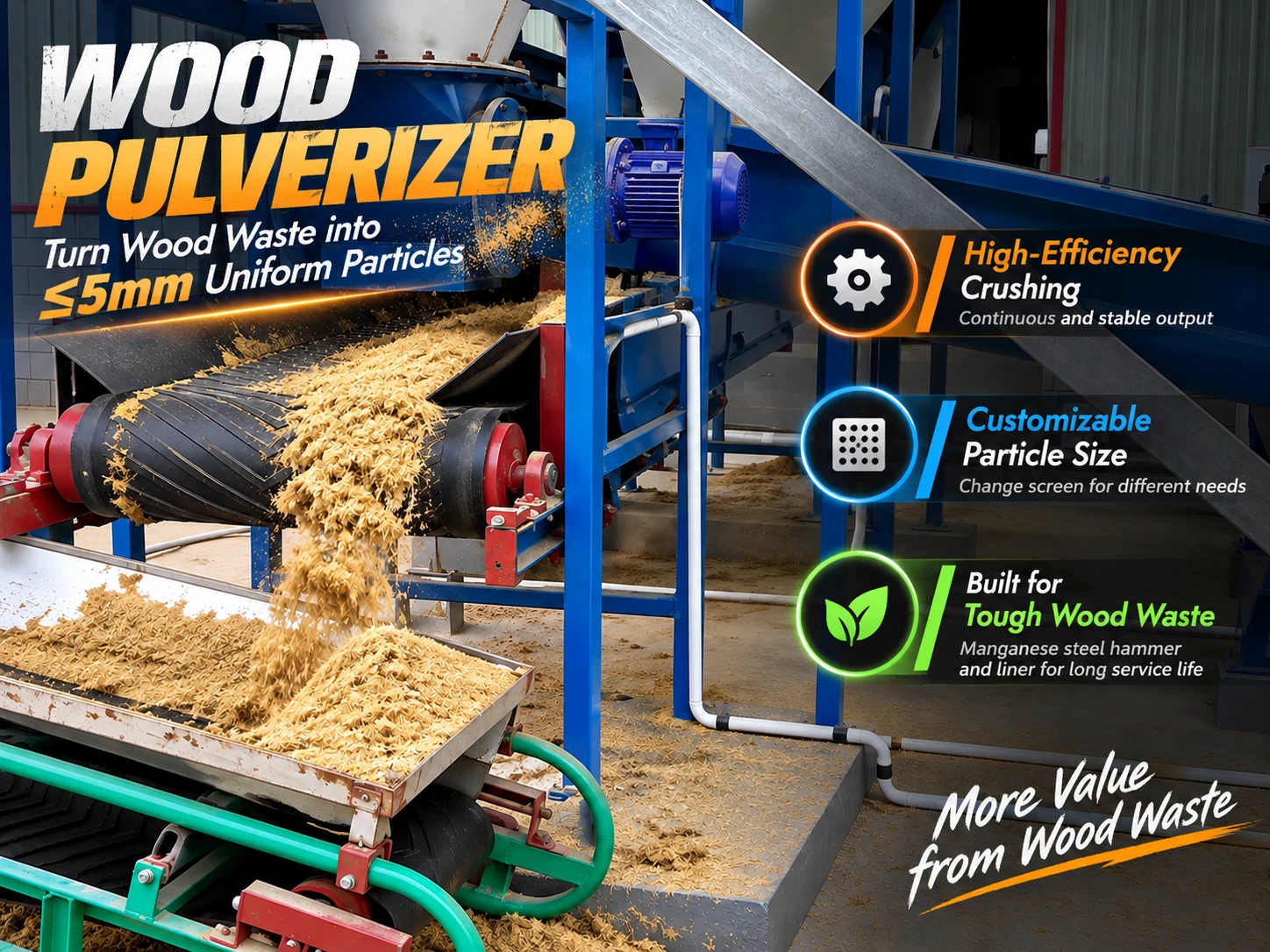 PULVZ wood pulverizer machine turning wood waste into uniform ≤5mm particles for presswood pallet production