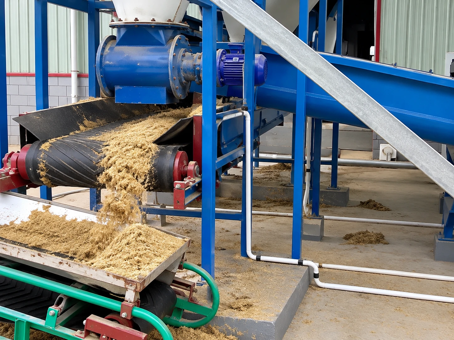 PULVZ wood pulverizer discharging crushed 2 to 5 mm biomass fibre through a rotary valve onto a conveyor on a Q235 steel frame