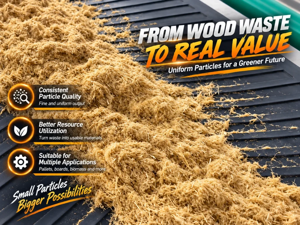 Close-up of uniform wood particles on slotted discharge screen of PULVZ wood pulverizer for presswood pallet production