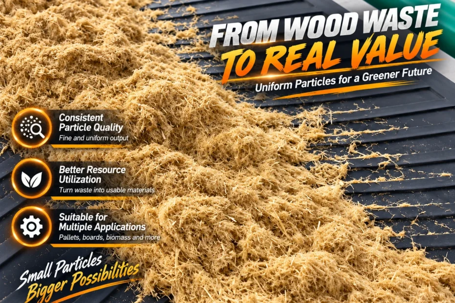 Close-up of uniform wood particles on slotted discharge screen of PULVZ wood pulverizer for presswood pallet production