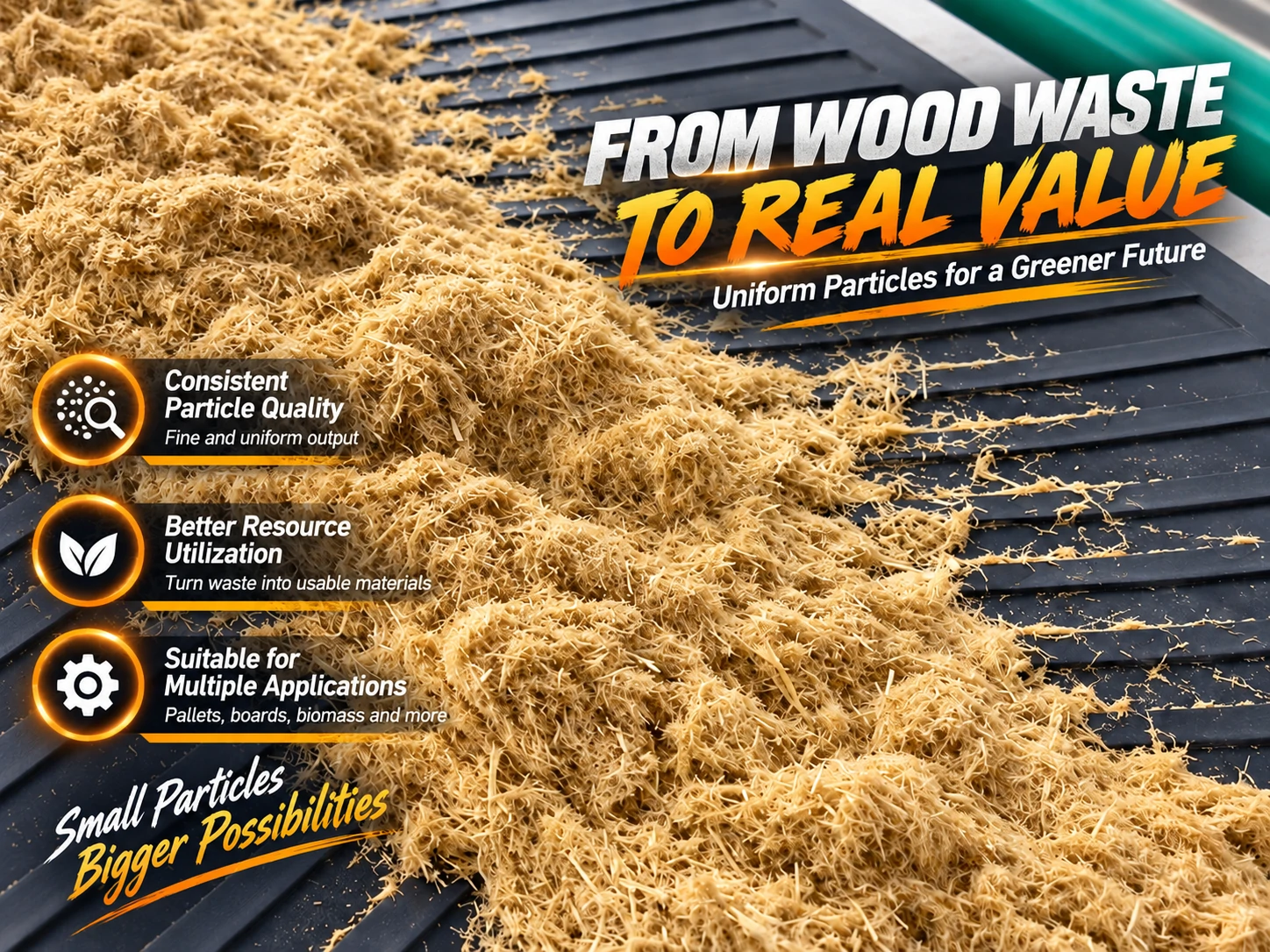Close-up of uniform wood particles on slotted discharge screen of PULVZ wood pulverizer for presswood pallet production