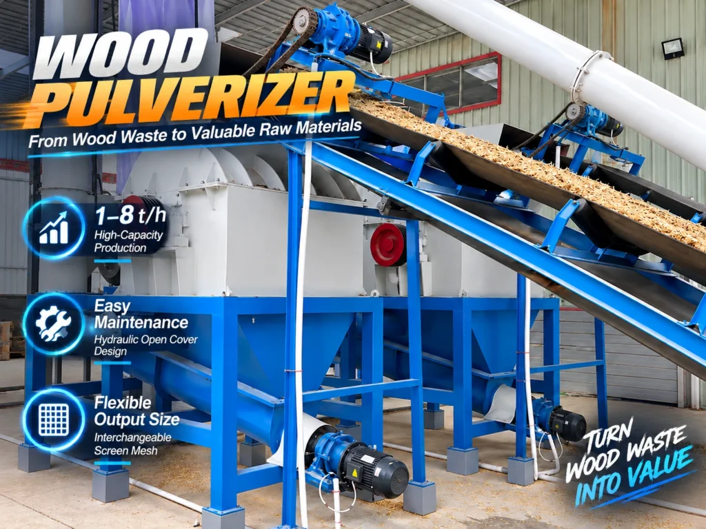 Pulvz wood pulverizer machine with hydraulic open cover and replaceable screen, inclined belt conveyor feeding wood chips into the crushing chamber