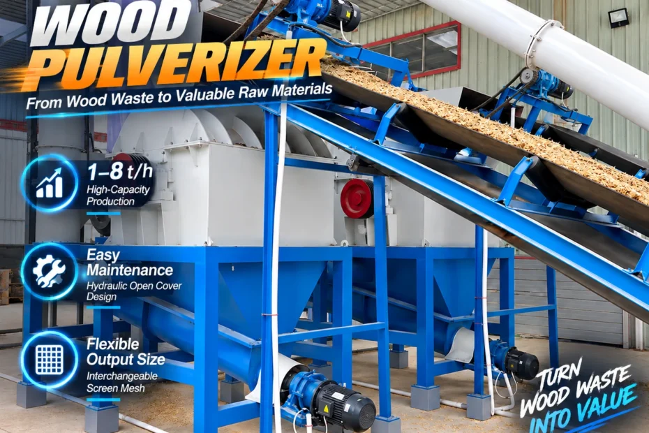 Pulvz wood pulverizer machine with hydraulic open cover and replaceable screen, inclined belt conveyor feeding wood chips into the crushing chamber
