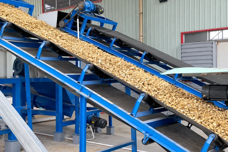 Wood pulverizer machine inclined belt conveyor carrying crushed wood chips to be graded by screen size in a presswood pallet line
