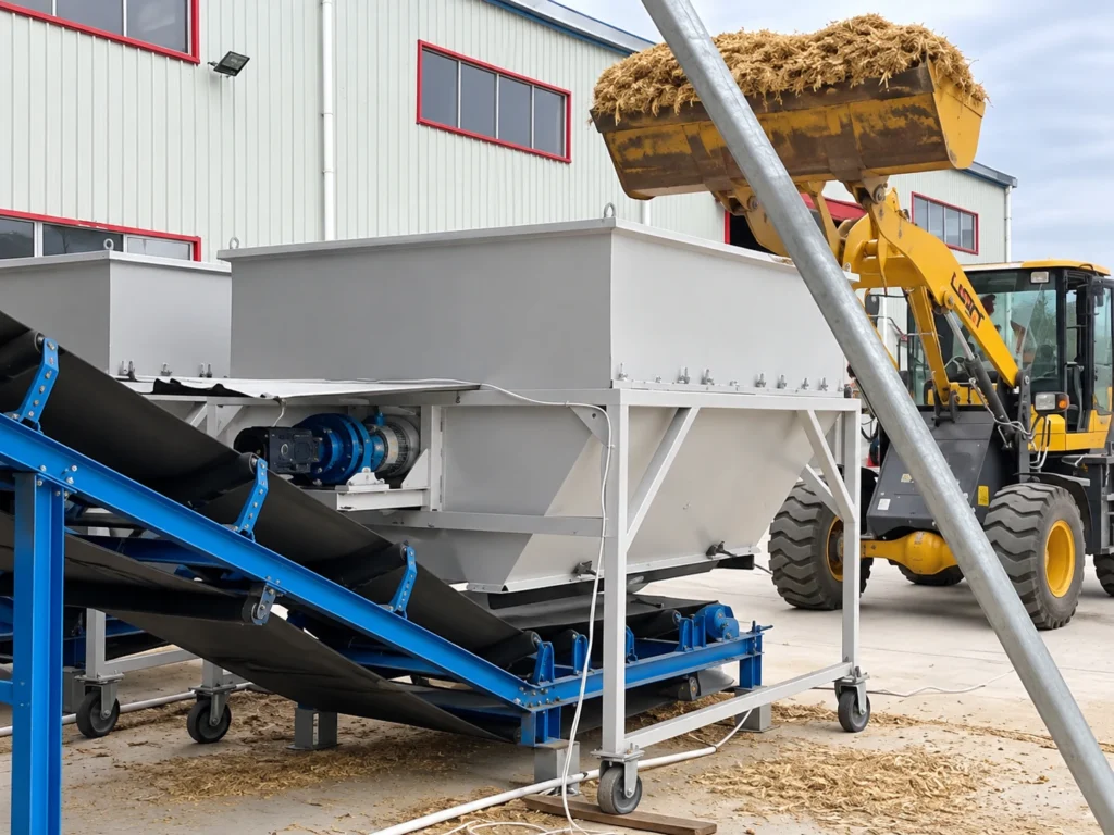 PULVZ wood hammer mill receiving baled straw and agricultural residue from a wheel loader through a large steel hopper with an inclined belt conveyor