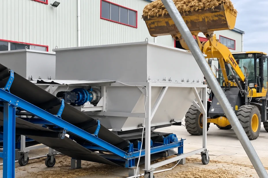 PULVZ wood hammer mill receiving baled straw and agricultural residue from a wheel loader through a large steel hopper with an inclined belt conveyor