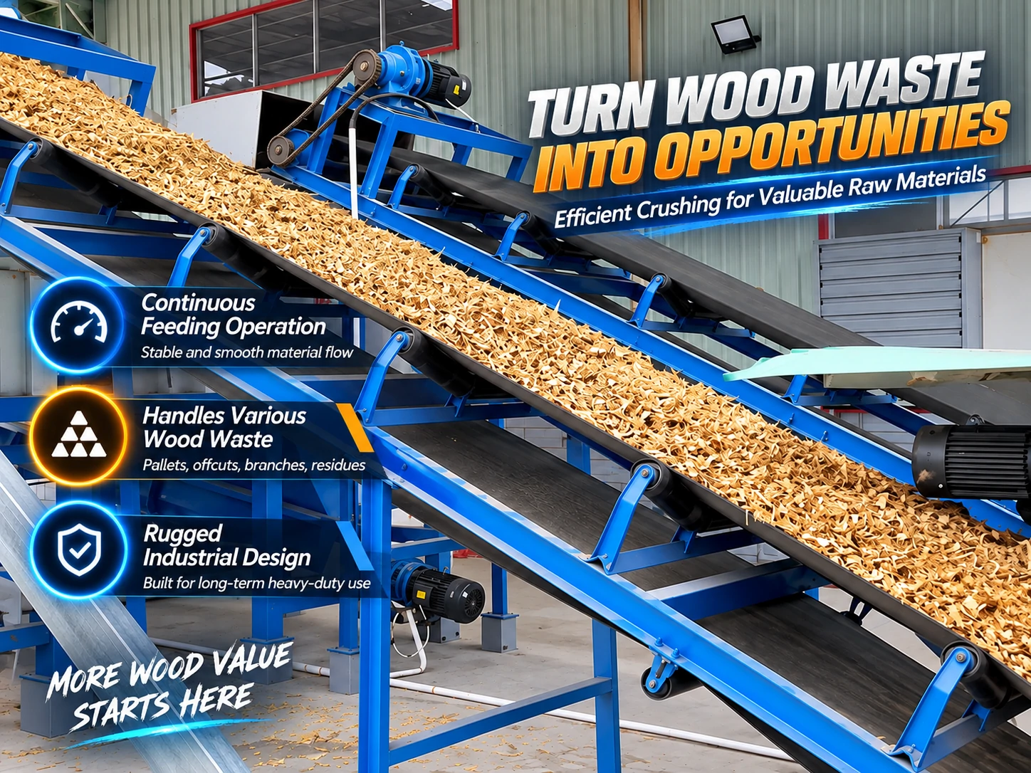 PULVZ inclined industrial belt conveyor continuously feeding crushed wood chips for presswood pallet production, rugged heavy-duty design.