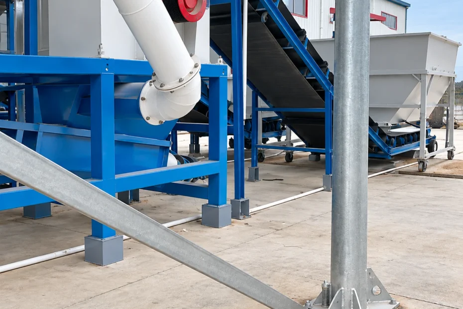 Pulvz wood pulverizer module on a carbon steel frame with flanged ducting, inclined belt conveyor and base plates for anchor bolts on site