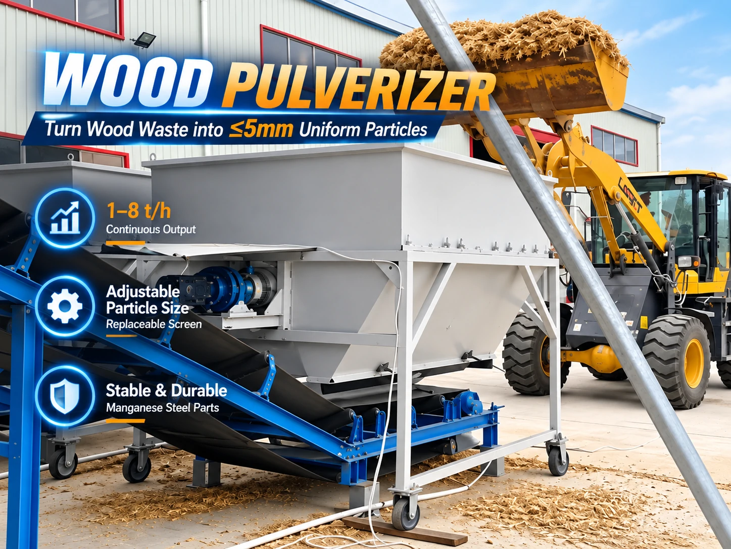 PULVZ industrial wood pulverizer with loader feeding, 1-8t/h continuous output, 5mm adjustable manganese steel screen