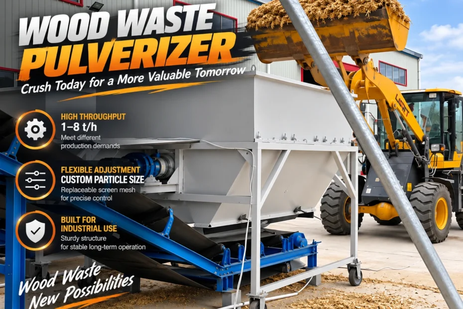 Industrial PULVZ wood waste pulverizer processing corn straw, featuring a white hopper, blue conveyor, and mobile wheeled base.