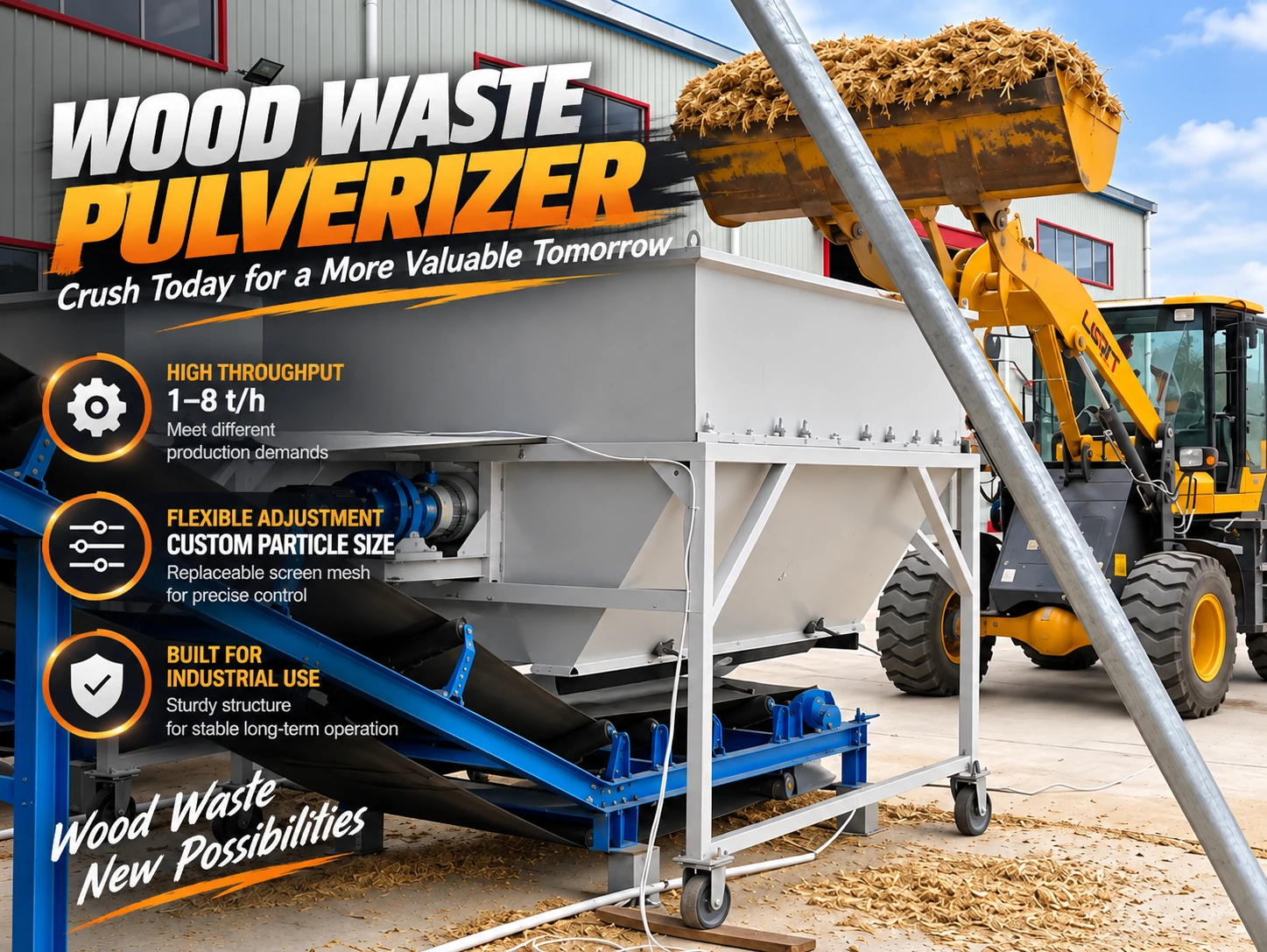 Industrial PULVZ wood waste pulverizer processing corn straw, featuring a white hopper, blue conveyor, and mobile wheeled base.