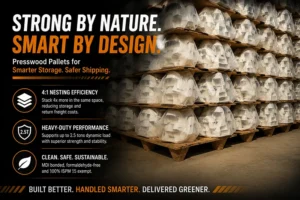 Formaldehyde-free presswood pallet with reinforced rib pattern and one-piece molded wood fiber deck
