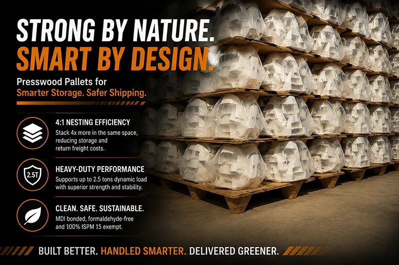 Formaldehyde-free presswood pallet with reinforced rib pattern and one-piece molded wood fiber deck