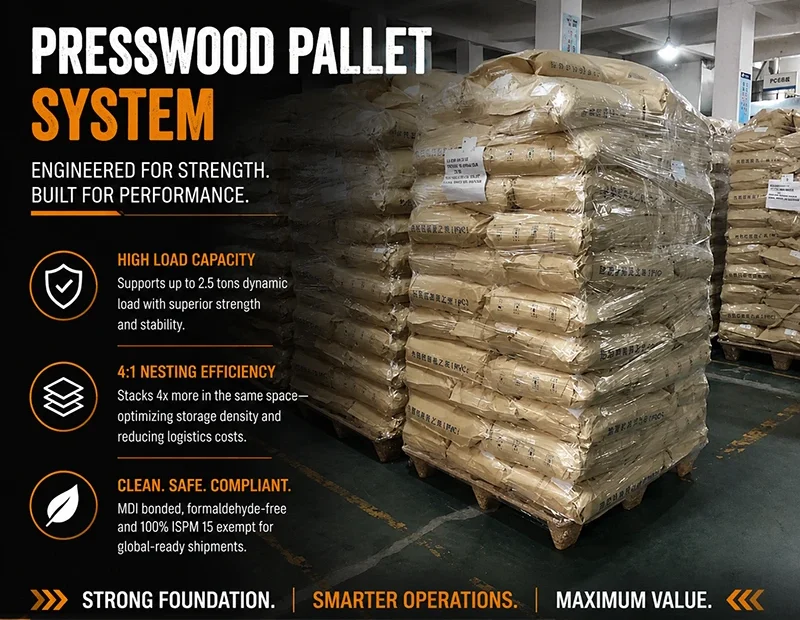 Warehouse-stacked presswood pallets wrapped for export, showing nestable pallet design and empty pallet storage density