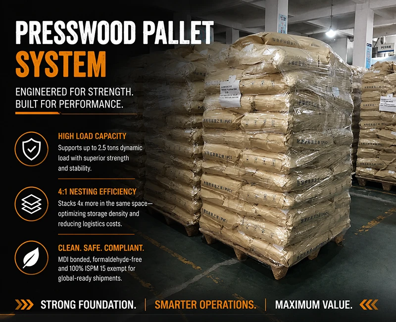 Warehouse-stacked presswood pallets wrapped for export, showing nestable pallet design and empty pallet storage density