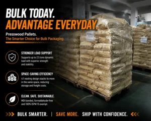 Presswood pallet close-up and full view, molded fiber structure with reinforced ribs and four-way forklift pockets for an AGV compatible pallet
