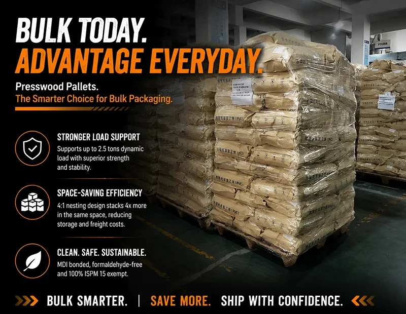Presswood pallet close-up and full view, molded fiber structure with reinforced ribs and four-way forklift pockets for an AGV compatible pallet