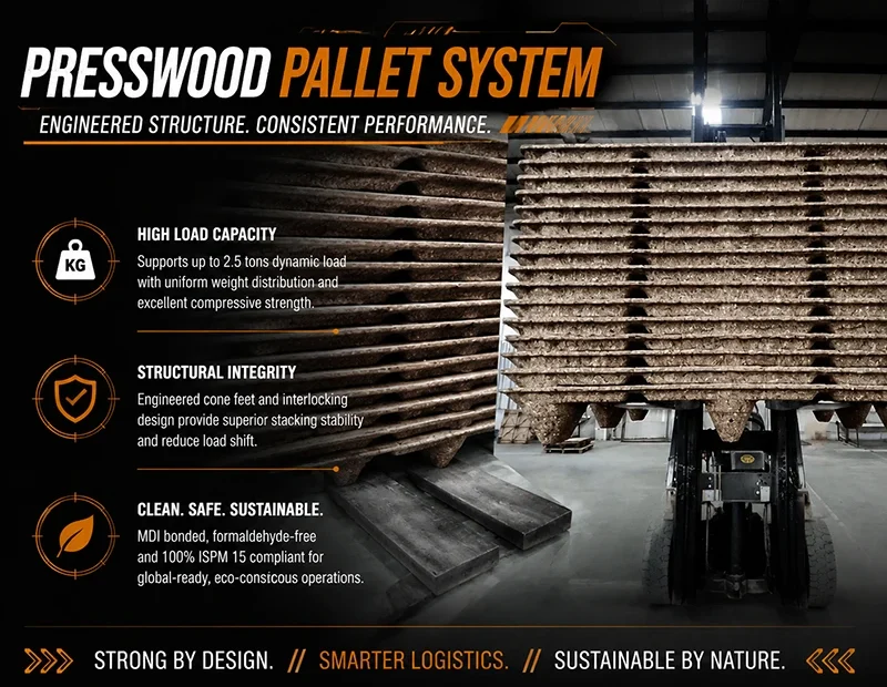 Presswood pallet supporting shrink-wrapped bulk bags in warehouse racking, with molded support feet visible
