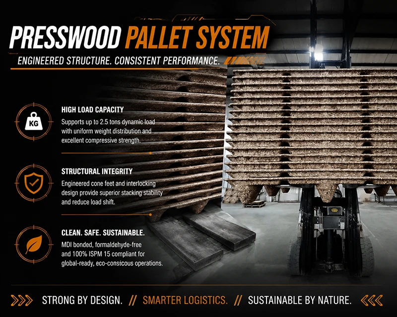 Presswood pallet supporting shrink-wrapped bulk bags in warehouse racking, with molded support feet visible