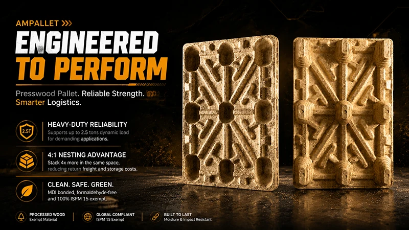 Molded wood fiber pallet underside with one-piece structural support feet and no nails or fasteners