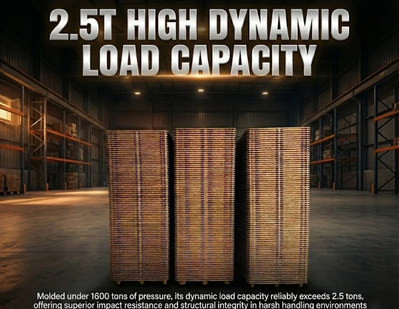 Pressed wood pallet render showing 2.5 tonne dynamic load capacity for two-tier 200 L drum and IBC double-stacking