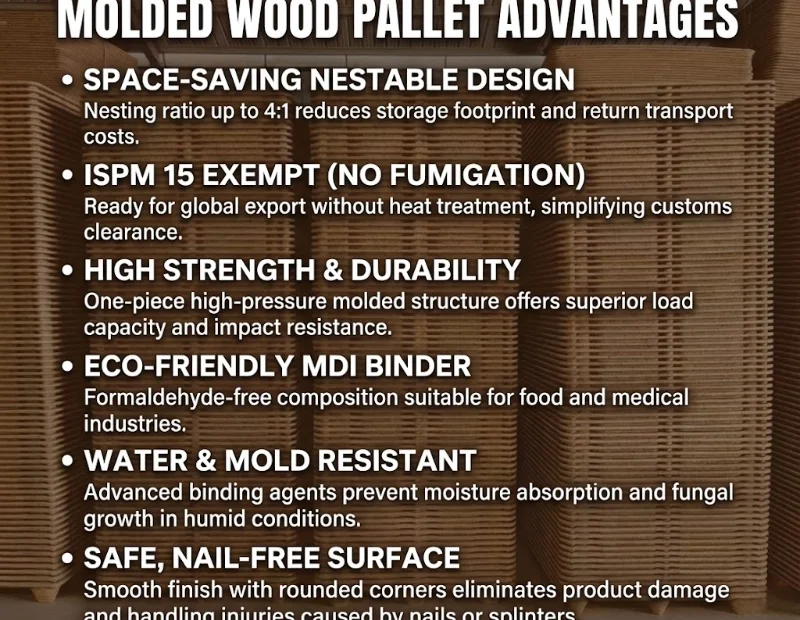 Nested molded wood pallets with MDI binder, moisture resistant and nail-free surface for export cargo