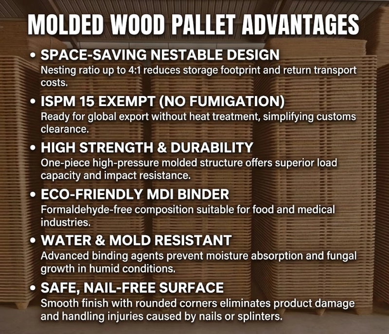 Nested molded wood pallets with MDI binder, moisture resistant and nail-free surface for export cargo