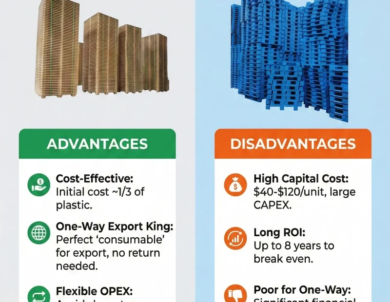Comparative infographic of molded pallets versus heavy-duty plastic pallets for export logistics