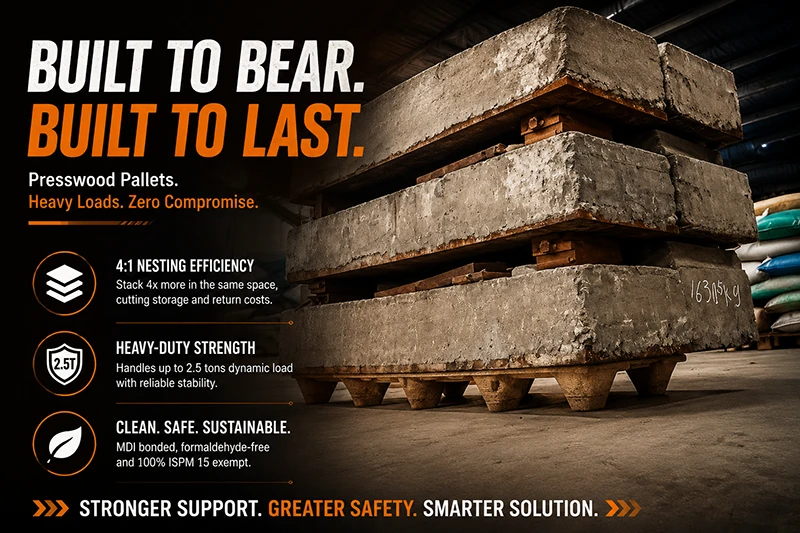 Stacked molded wood fiber pallets in warehouse, one-piece export pallet blanks with four support feet