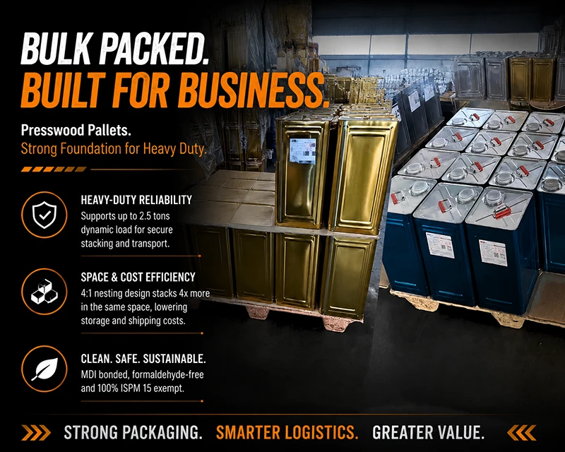 Stacked molded wood pallets with conical support feet lifted as one stack by forklift for line feeding